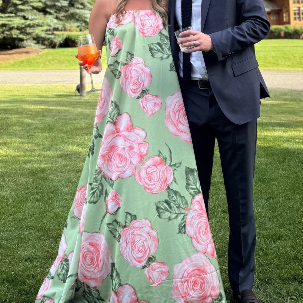 Green and Pink Strapless Maxi Sundress for Wedding Guest